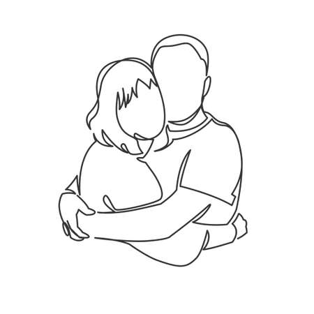 Continuous one drawn single line of romantic embrace of two lovers, newlyweds, young people. Loving couple hugging, valentines day.のイラスト素材