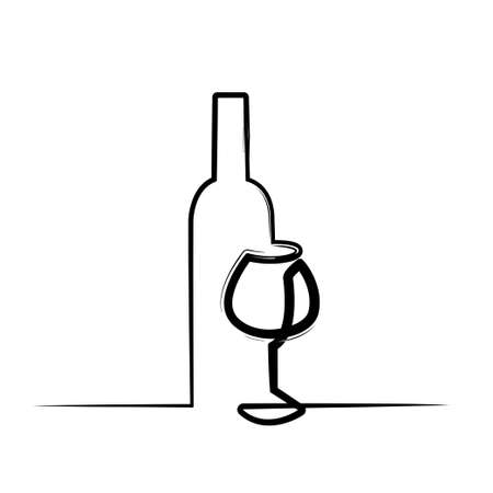 Wineglass vector icon paint brush effect. Continuous one line drawn a bottle of wine and a glass. Linear style sign for mobile concept and web design.のイラスト素材