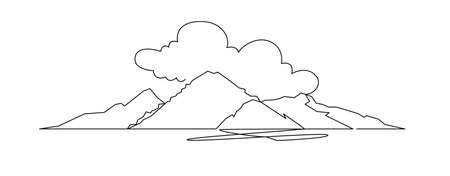 Mountain landscape continuous one line vector drawing. Mount Fuji hand drawn silhouette. Nature, rock panoramic sketch. Minimalistic contour illustration.のイラスト素材