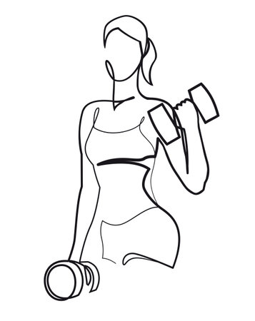 Woman lifting weights continuous one line drawing. Female bodybuilder vector hand drawn silhouette clipart. Lady working out. Gym training illustration.のイラスト素材