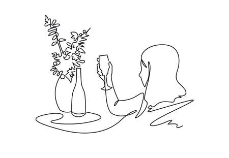 Women holding wine glass continuous one line vector drawing. Girl cocktail party. Holiday celebration.のイラスト素材