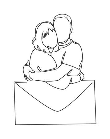 Continuous one drawn single line of romantic embrace of two lovers, newlyweds, young people. Loving couple hugging. Wedding invitation with an envelope and a silhouette of loversのイラスト素材