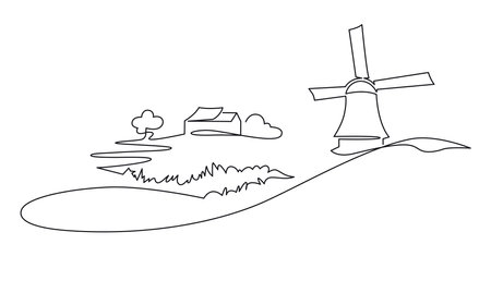 Rural Italian landscape continuous one line vector drawing. Hills, house, trees, mill and lake hand drawn silhouette. Country nature panoramic sketchのイラスト素材