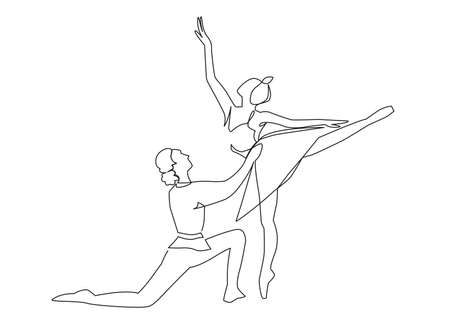 Couple ballet dancers one line continuous drawing vector illustration. Monochrome hand drawn designのイラスト素材