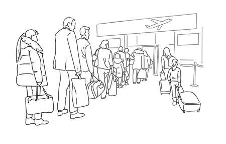 People passengers at queue to airport entrance thin line vector illustrationのイラスト素材