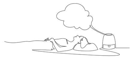 Woman sleeping near humidifier with steam jet continuous line vector illustrationのイラスト素材