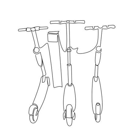 Three electric scooters charge electrical mains continuous line vector illustrationのイラスト素材