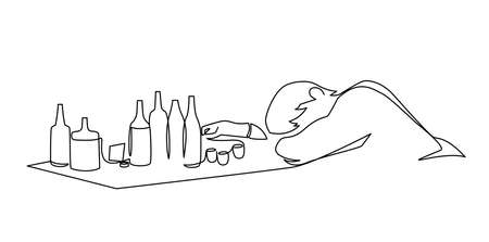 Drunk man sleeping on table full empty alcohol bottle at restaurant or home continuous line vectorのイラスト素材