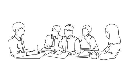 Group of people working continuous one line vector drawing. Students preparing to exams, doing homework hand drawn characters. Coworking. Job meeting, discussion.のイラスト素材