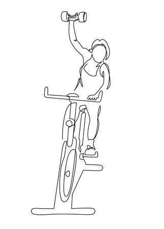 Woman at cycling class exercise bike spinning fitness continuous line vector illustrationのイラスト素材