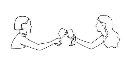 Two girlfriends spending time together at a party, toasting with a glass of wine continuous one line vector illustration. Lesbians Lovers have a date in a restaurant, drink wine.のイラスト素材
