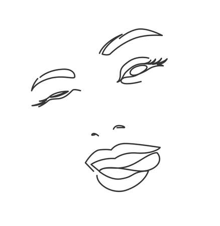 The abstract face of a pretty flirty woman with a smile linear drawing. Beauty woman winks and shows tongue portrait minimalistic style.のイラスト素材