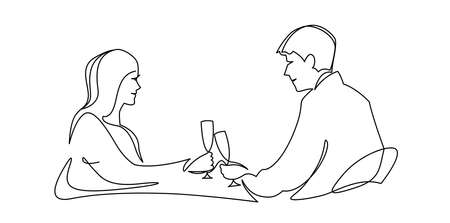 Happy couple romantic date monochrome continuous line vector illustration. Simple hand drawn sketchのイラスト素材