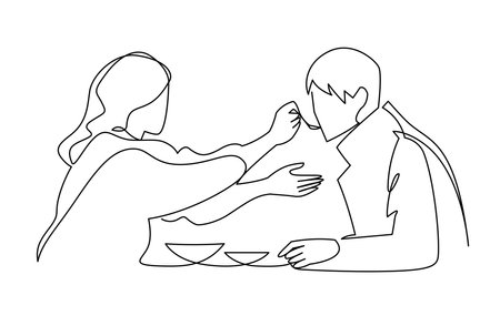 Happy couple romantic date continuous one line vector illustration. Simple hand drawn sketch. The girl feeds the guy dessert with a spoon.のイラスト素材