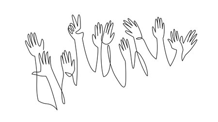 Cheerful crowd continuous one line vector drawing. Hands raised up isolated on white background. Group of applause people silhouette hand drawn.のイラスト素材
