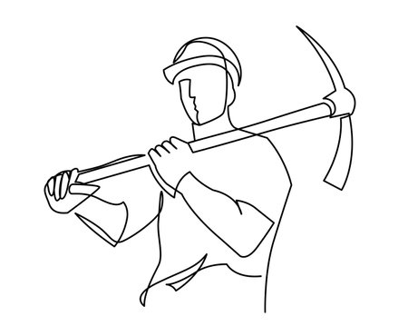 Continuous one line drawing of a coal miner in hardhat with a pickaxe on his shoulder. Strong manly man builder in uniform single line vector illustrationのイラスト素材