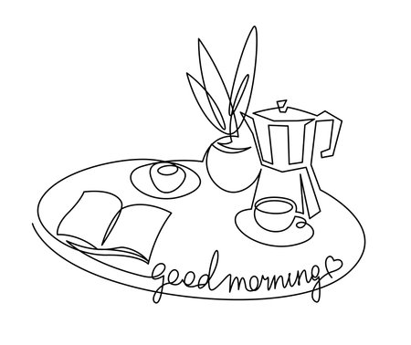 Cup of coffee with a coffee pot, house plant. Breakfast with a book on an oval table continuous one line drawing. The concept of good morningのイラスト素材