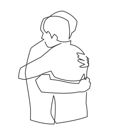 Continuous one line drawing of two close friends meeting hugging each other. The concept of friendship, emotional support, comfort someone, father and son.のイラスト素材