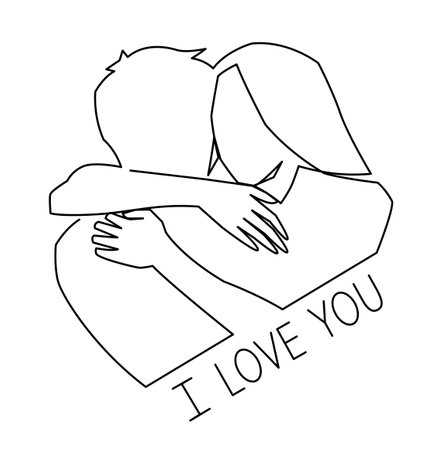 Continuous one line drawing of romantic embrace of two lovers, newlyweds, young people. Loving couple hugging. The concept of friendship, emotional support, comfort someone. I love youのイラスト素材