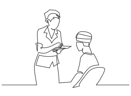 Female doctor or resident provides emergency medical care to the patient continuous one line vector illustration. Treatment aid emergencyのイラスト素材
