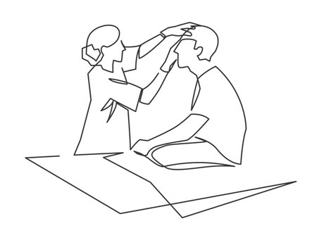 Female doctor or resident provides emergency medical care to the patient continuous one line vector illustration. Treatment aid emergencyのイラスト素材