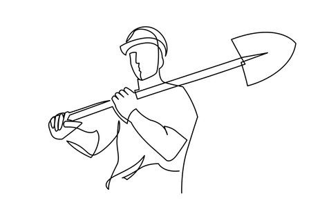 Continuous one line drawing of construction worker, road worker with a shovel on his shoulder in hardhat. Strong manly man builder vector illustrationのイラスト素材