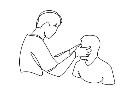 ENT doctor, otolaryngologist provides emergency medical care to the patient continuous one line vector illustration. Male nurse taking care to illness patient at clinic.のイラスト素材