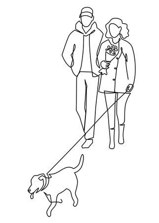 Continuous one line vector drawing of couple walks pet dog. Cartoon young man woman owner characters and puppy labrador, persons walking cute doggy domestic animalのイラスト素材