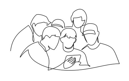 Continuous one line vector drawing of company of young people looks into the phone of the phone sitting in the center of a man. Concept of obsession with social networks, technologiesのイラスト素材