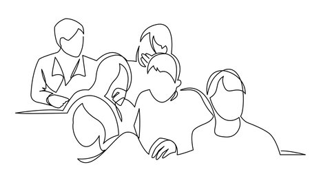 Group of people working continuous one line vector drawing. Students preparing to exams, doing homework hand drawn characters. Coworking. Job meeting, discussion. Minimalistic contour illustrationのイラスト素材