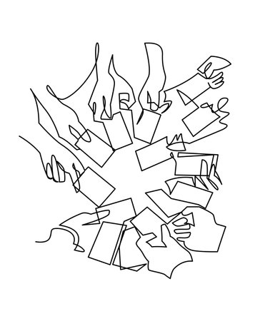 Continuous one line vector drawing of people exchange business cards at a business meeting. New contacts, cooperation concept.のイラスト素材
