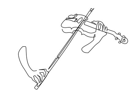 Continuous one line vector drawing of aesthetic violin playing. Elegant female hands with a bow and a violin minimalistic clipart isolated on a white background. Concept art of symphonic music.のイラスト素材
