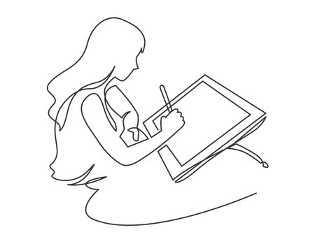 Continuous one line drawing of digital artist, illustrator drawing on tablet PC. Graphic designer with stylus at work at desk. Person creating abstract design on screen. Outline vector illustration.のイラスト素材