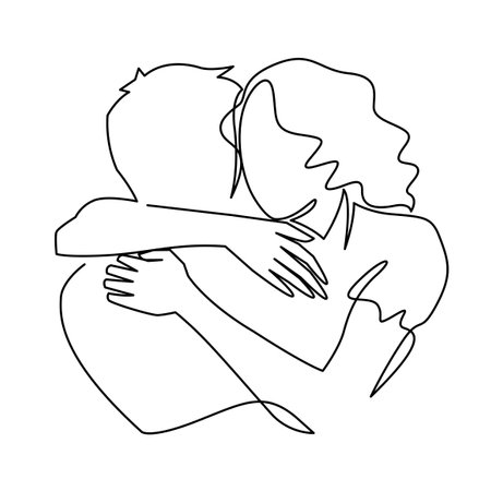 Continuous one line drawing of romantic embrace of two lovers, newlyweds, young people. Loving couple hugging. The concept of friendship, emotional support, comfort someoneのイラスト素材