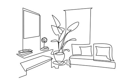 Modern living room interior vector illustration. Leisure place for relaxation with sofa and pillows continuous one line drawing. Window and curtain, plants in a pot. Painting on the wallのイラスト素材