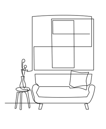 Modern living room interior vector illustration. Leisure place for relaxation with sofa and pillow continuous one line drawing. Window or painting on the wall. Simple interior sketch.のイラスト素材