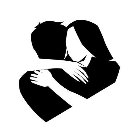 Romantic embrace of two lovers black and white icon, newlyweds, young people. Loving couple hugging vector silhouette., valentines day. The concept of emotional support, comfort someone.のイラスト素材