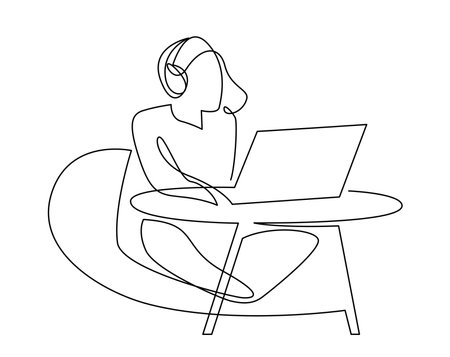 Woman on headphones working remotely at her laptop continuous one line vector drawing. Girl in a sack chair with notebook on a table hand drawn illustration. Studying at home, remote job, freelanceのイラスト素材