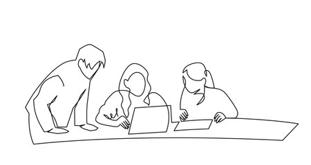 Group of three people working together continuous one line vector drawing. Students preparing to exams, doing homework. Coworking. Job meeting, discussion.のイラスト素材