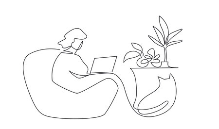 Woman talking on phone continuous one line vector drawing. Girl sitting at table with laptop hand drawn female silhouette. Studying at home, remote job, freelance. Minimalistic contour illustrationのイラスト素材