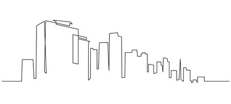 Modern cityscape continuous one line vector drawing. Metropolis architecture panoramic landscape. Seoul skyscrapers hand drawn silhouette. Apartment buildings isolated minimalistic illustrationのイラスト素材