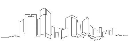 Modern cityscape continuous one line vector drawing. Metropolis architecture panoramic landscape. Seoul skyscrapers hand drawn silhouette. Apartment buildings isolated minimalistic illustrationのイラスト素材