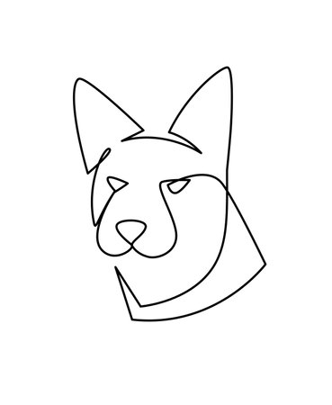 Continuous One Line Drawing of dogs head. Hand drawn illustration, a simplified sheepdogs head outline icon. Cute frowny dog simple single line vector drawingのイラスト素材