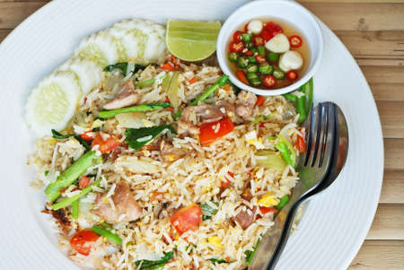 thai fried rice with pork close up viewの写真素材