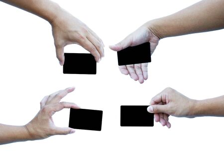 set of hand with business card isolated on wgite backgroundの写真素材