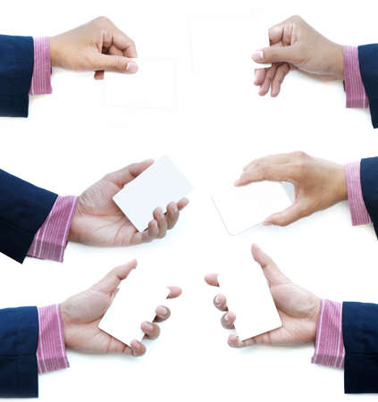 white business card in business man hand isolated on white background