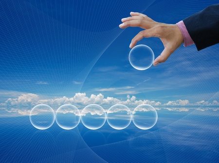 artwork of business concept with clear air bubble with human hand.