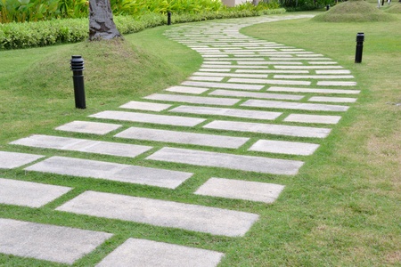 abstract picture of nice form of walkpath on grass field with blue sky.の写真素材