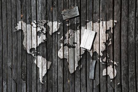 world map on the old wood wall.の写真素材