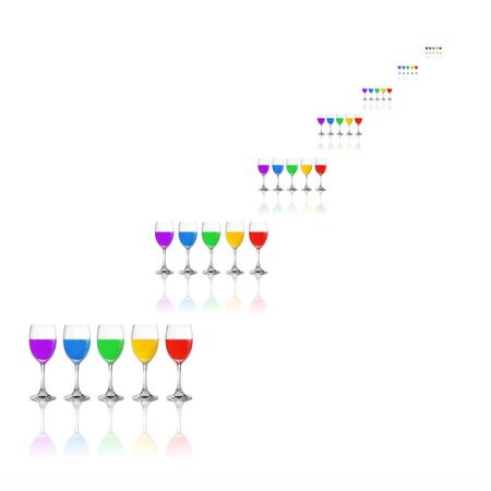 set of colorful color water in glasses on white background.の写真素材
